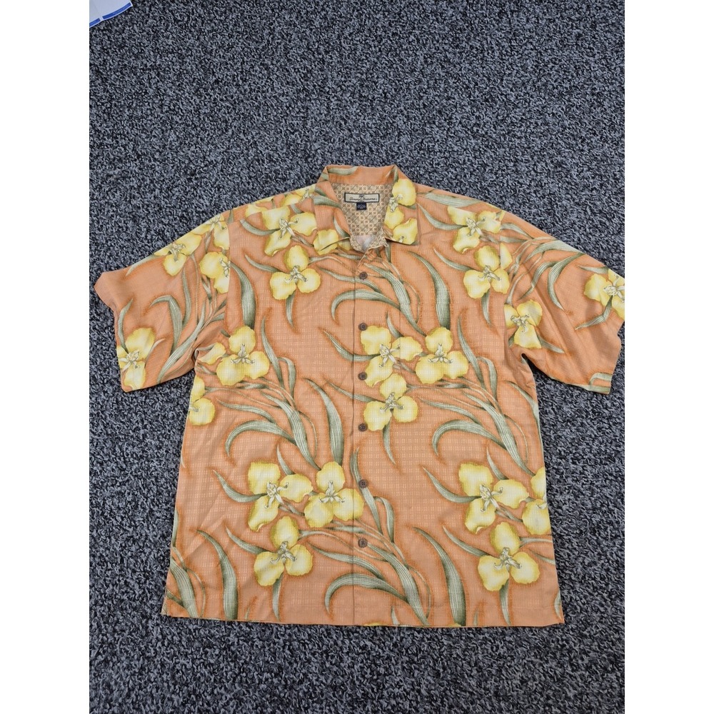 Tommy Bahama Hawaiian Shirt Men's‎ L Silk Orange Tropical Print Camp Loop Collar